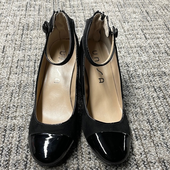Unisa Shoes - NWOT Unisa Black Suede/Patent Leather Heels with Ankle Strap & Zipper Size 6.5
